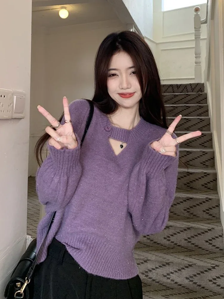 Maglione lavorato a maglia a maniche lunghe spesse dal design scavato da donna stile coreano nuovo arrivo capispalla allentati ritagliati estetica tutto-fiammifero