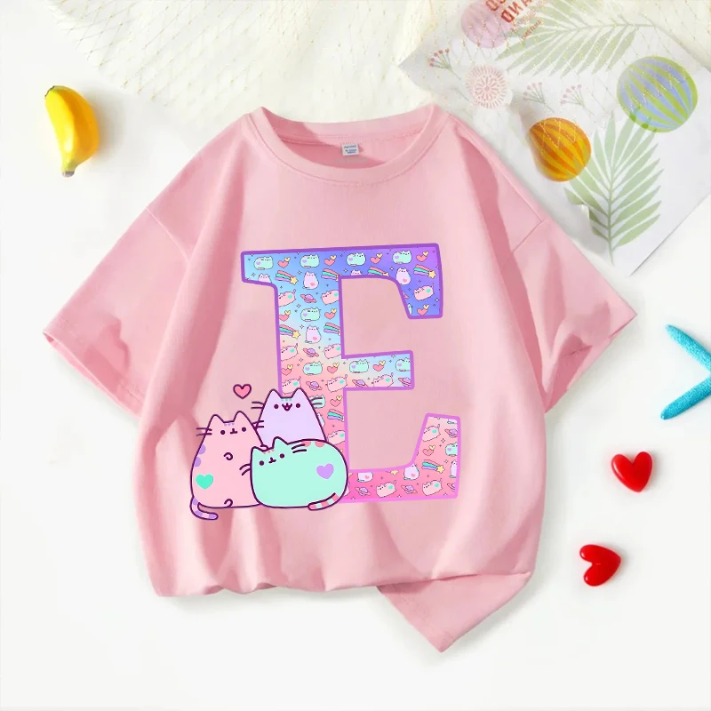 

Girls Letter A-Z T-shirt New Pusheened Kawaii Cotton Tees Summer Kids Clothes Fashion Cartoon Long Sleeves Tops Children Gift