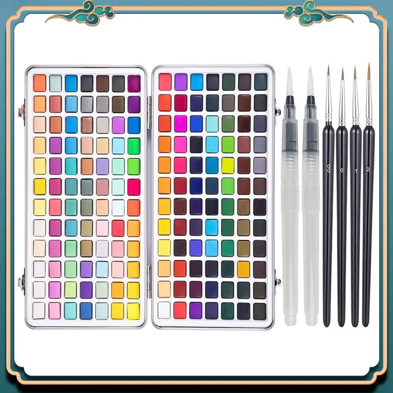 (جديد) - طقم طلاء 168 لونًا ألوان مائية، طقم رسم مع فرشاة مائية وفرش نايلون للمبتدئين