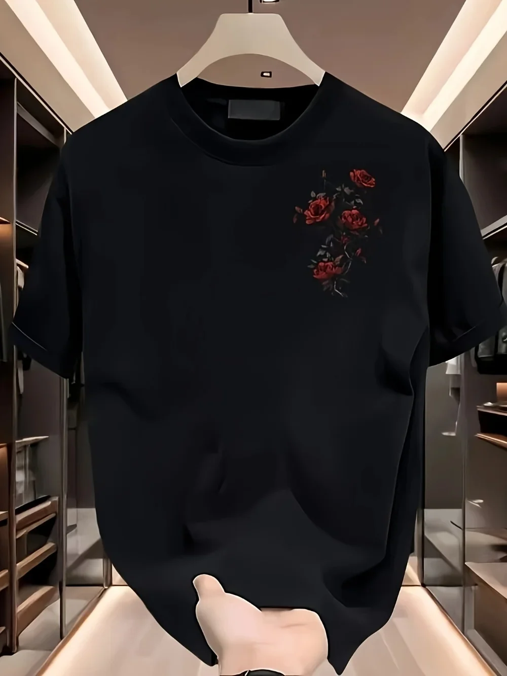 2026 Neues Sommer-Herren-T-Shirt — 100% Reine Baumwolle, Bedrucktes Rotes Rosenmuster, Vielseitig, Locker Geschnitten, Trendig, Hochwertiges T-Shirt – Detail 5