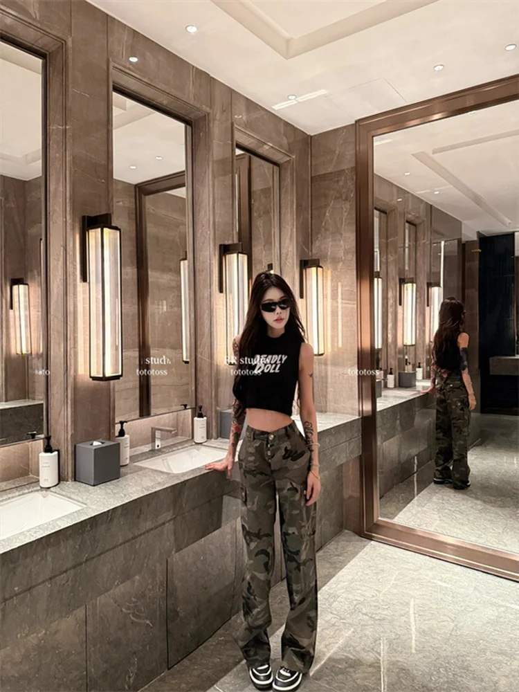 

High Waist Straight Leg Camouflage Jeans ing Streetwear Workwear Pants Long Loose Fit Casual Summer Denim Ladies Trousers