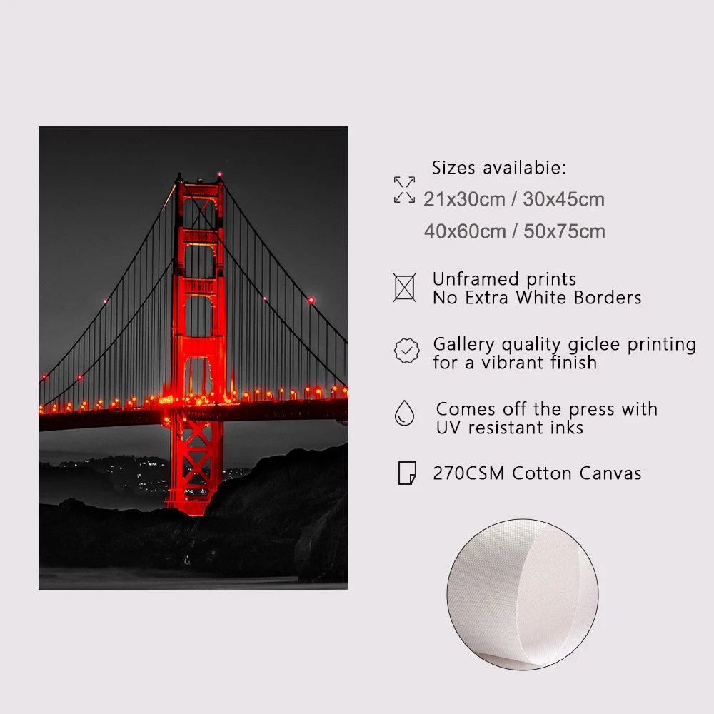 3PCS Frameless Poster Golden Gate Bridge Night Landscape Canvas Painting Wall Art Prints Pictures for Living Room Home Decor view 6