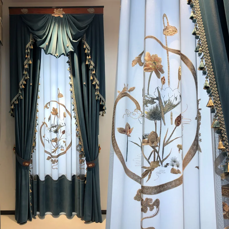 Custom Elegant retro luxury velvet study living room bedroom blue thick cloth blackout curtain tulle valance drape C2103