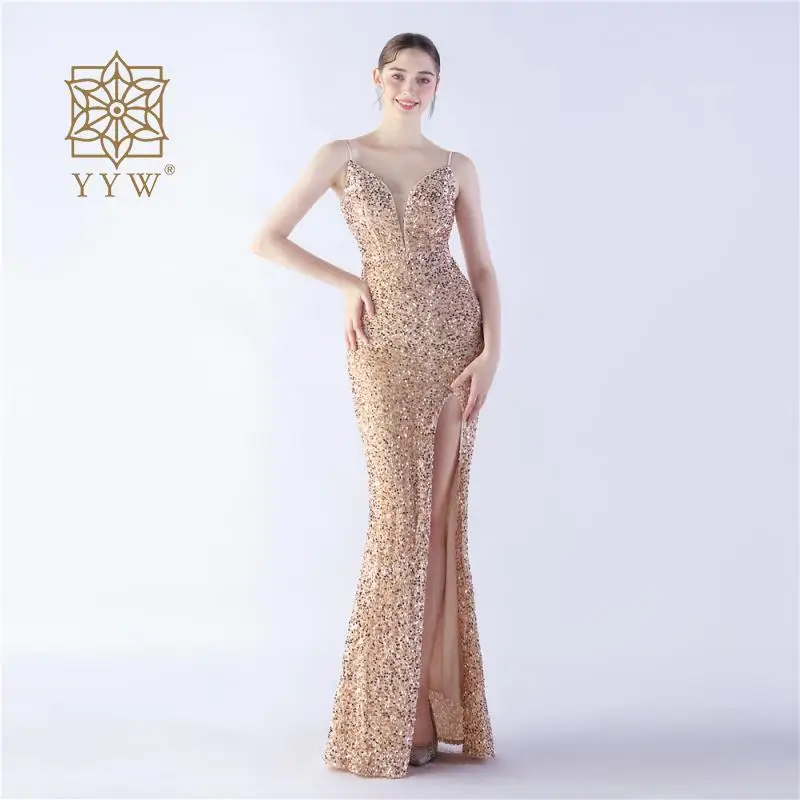 Pink Women Maxi Dress Evening Strap Sling Sexy Mermaid Ball Gown Female Deep V Sequins Glitter Backless Robe Gold Shiny Vestidos