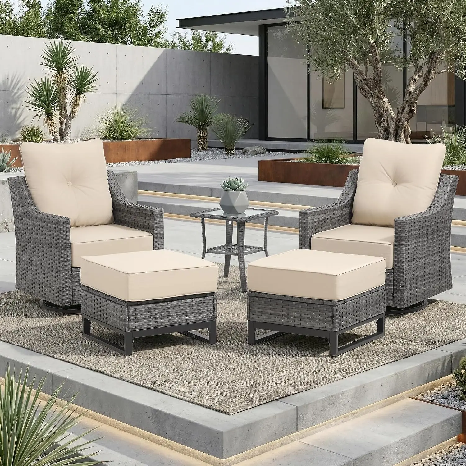 5 Piece Patio Set with Swivel Rockers, Ottomans, Table, 6-Inch Cushions, Beige Covers for Patio, Porch, Customized