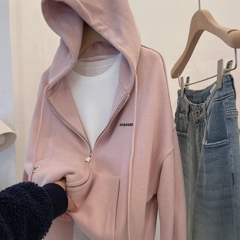 Loose Fit Embroidered Zipper Hoodie Women's Spring Fashion Short Jacket Candy Color Small Letter Casual Versatile Sweatshirt