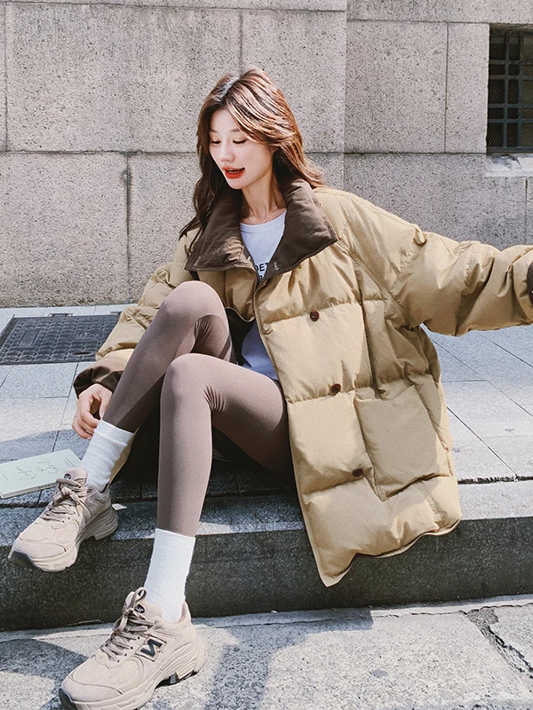 暖かさプラス レディース キルティングジャケット ダブルブレスト ルーズフィット ミッドレングス 冬用コート スリ カレッジ スリ スリミング アウターウェア