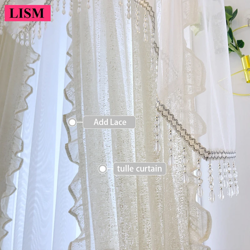 French Luxury Off-white Embroidered Curtains for Bedroom Living Room White Tulle Add Lace Gauze Custom Valance Window Screen Set