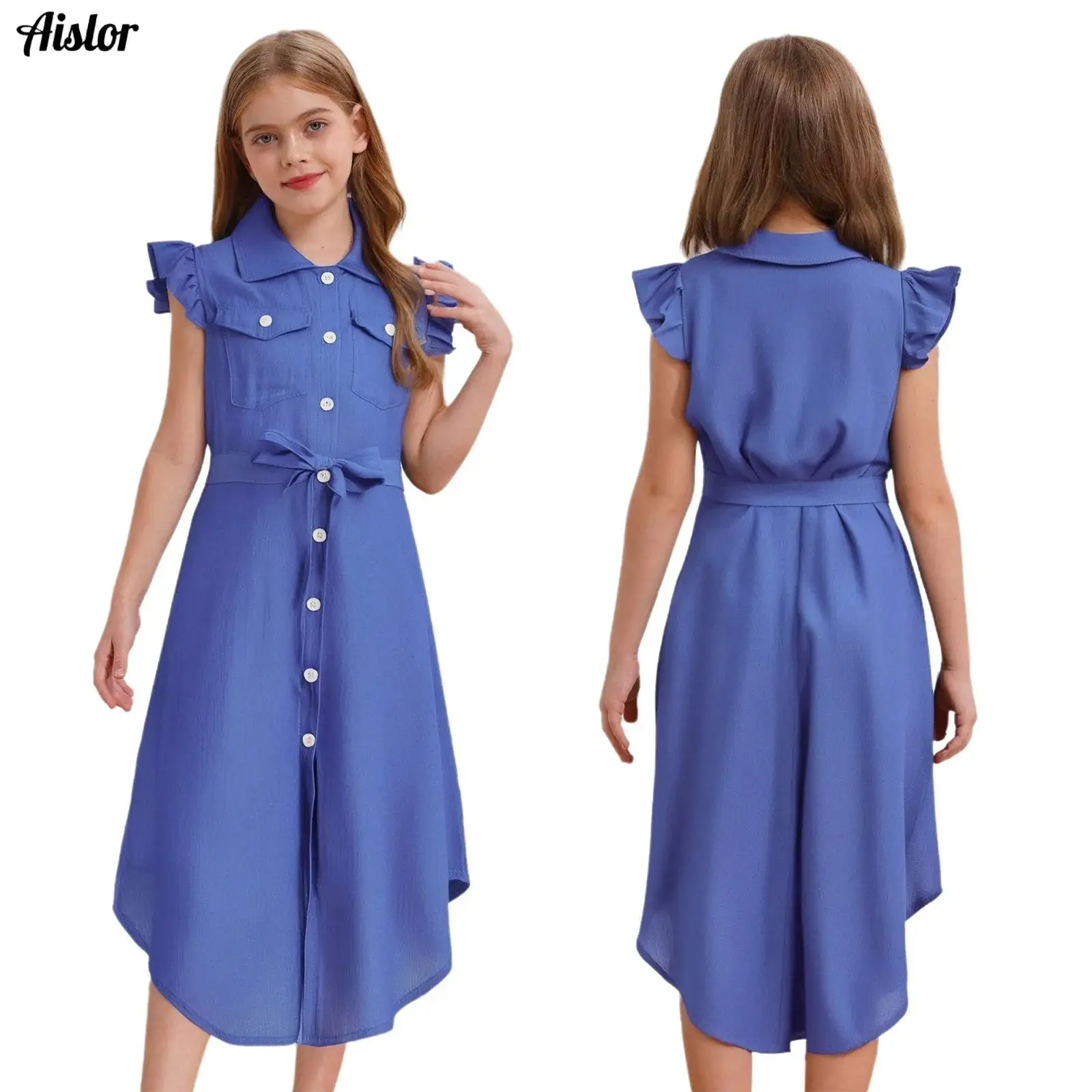 Kids Girls Imitation Denim Shirt Dress Sweet Ruffled Sleeves Turn-Down Collar Flap Pockets Curved Hem Button Dresses with Belt