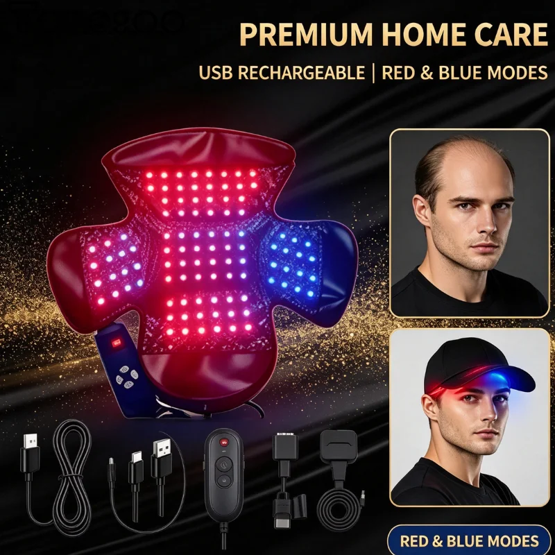 Red Blue Light Therapy Cap 100 LED Hair Regrowth Helmet 470nm 650nm USB Charging Scalp Care Hat Timer Display Anti Hair Loss