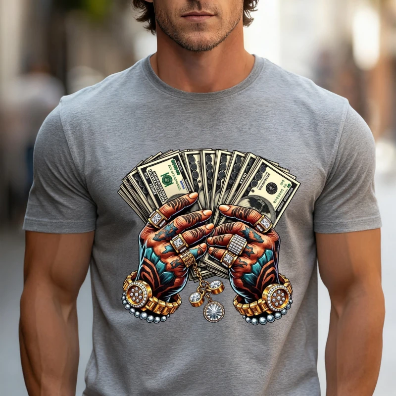 More banknotes Printed Summer Cotton Men's Round Neck Cotton Oversize T-shirt autumn and winter Outdoor commuting inner shirt