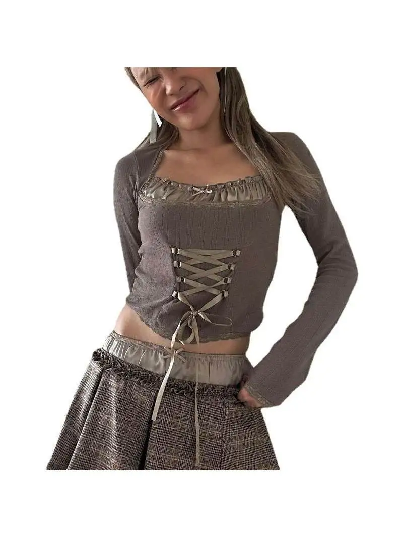 Printemps femmes Slimfit Vintage croix t-shirt nouveau Faion vêtements Long Sve col carré Ciwalk Sle autre tissu 00%