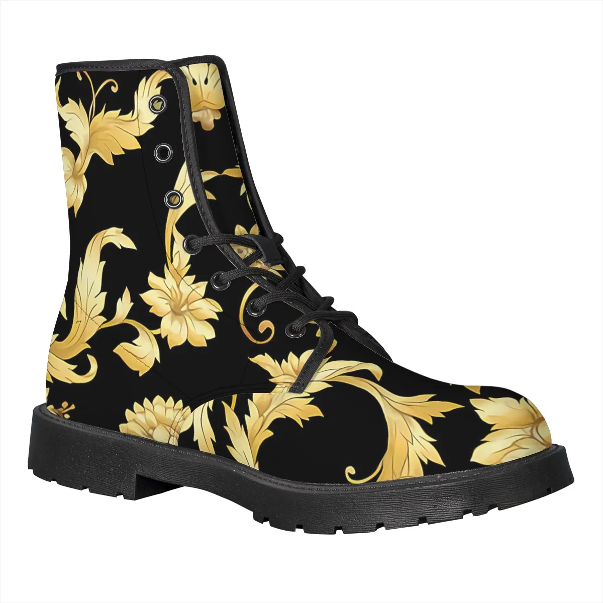 Noisydesigns Women Shoes Boots Ankle 2021 Autumn British PU Leather Golden Baroque Floral Style Ladies Short Motorcycle Boots