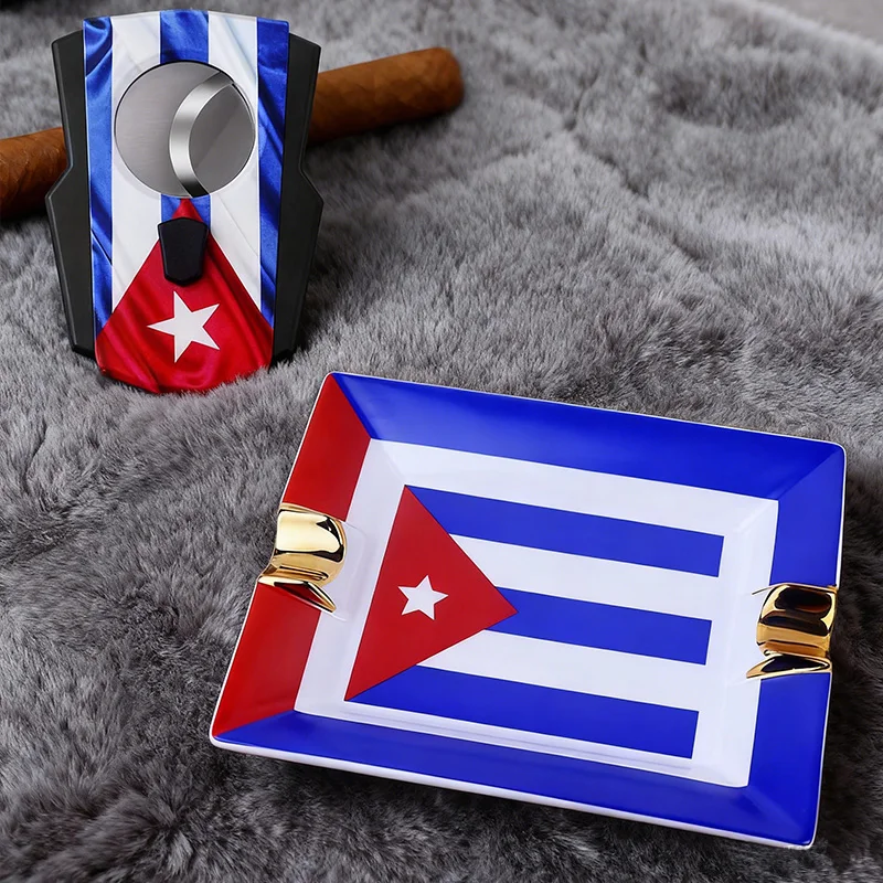 Ceramic Cigar Ash Tray With Cigar Cutter Ashtray Cuba Flag Creative Ashtray Portable Ashtray Luxury Commemorative Ash Tray