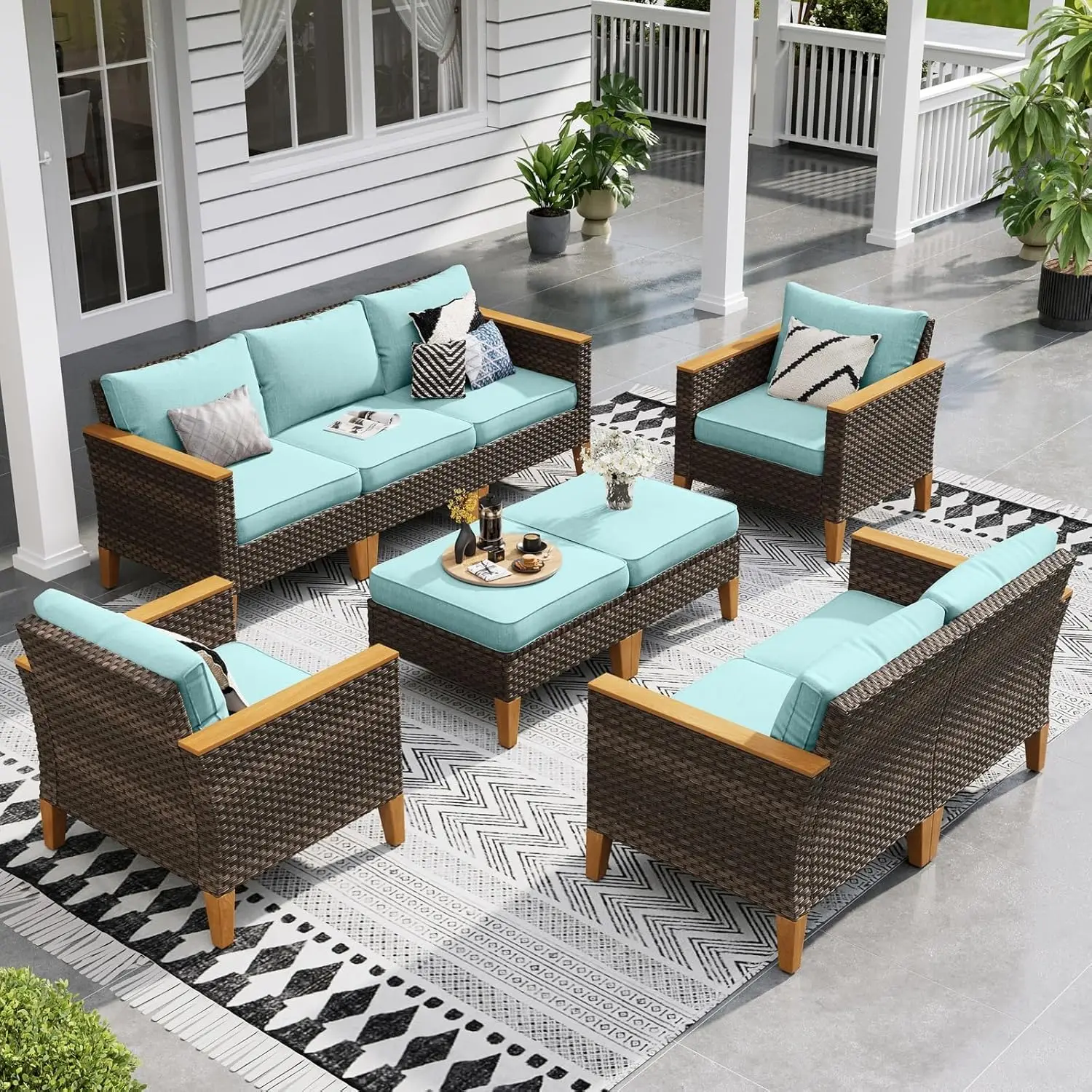 

9 Piece Sectional Outdoor Rattan Wicker Sofa, All Weather Patio Conversation Set for Deck Backyard Lawn, Outdoor Couch, Blue
