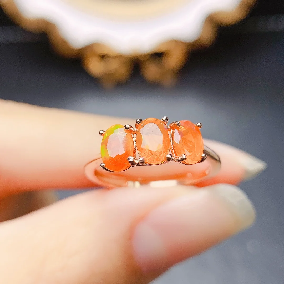 October Birthstone Opal Ring Three Stones Orange Fire Opal Ring 925 Sterling Silver Natural Opal Engagment Rings For Gift - view 2