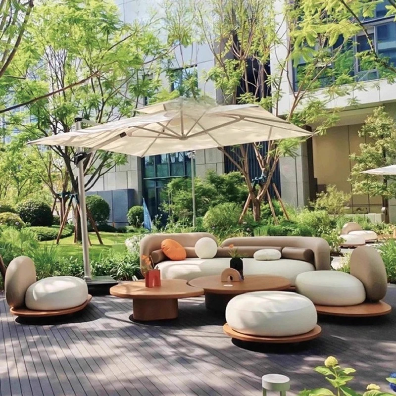 Round Cloud Teak Outdoor Sofa Set Modular Curved Patio Furniture With Removable Cushion & Coffee Table For Backyard Garden Villa