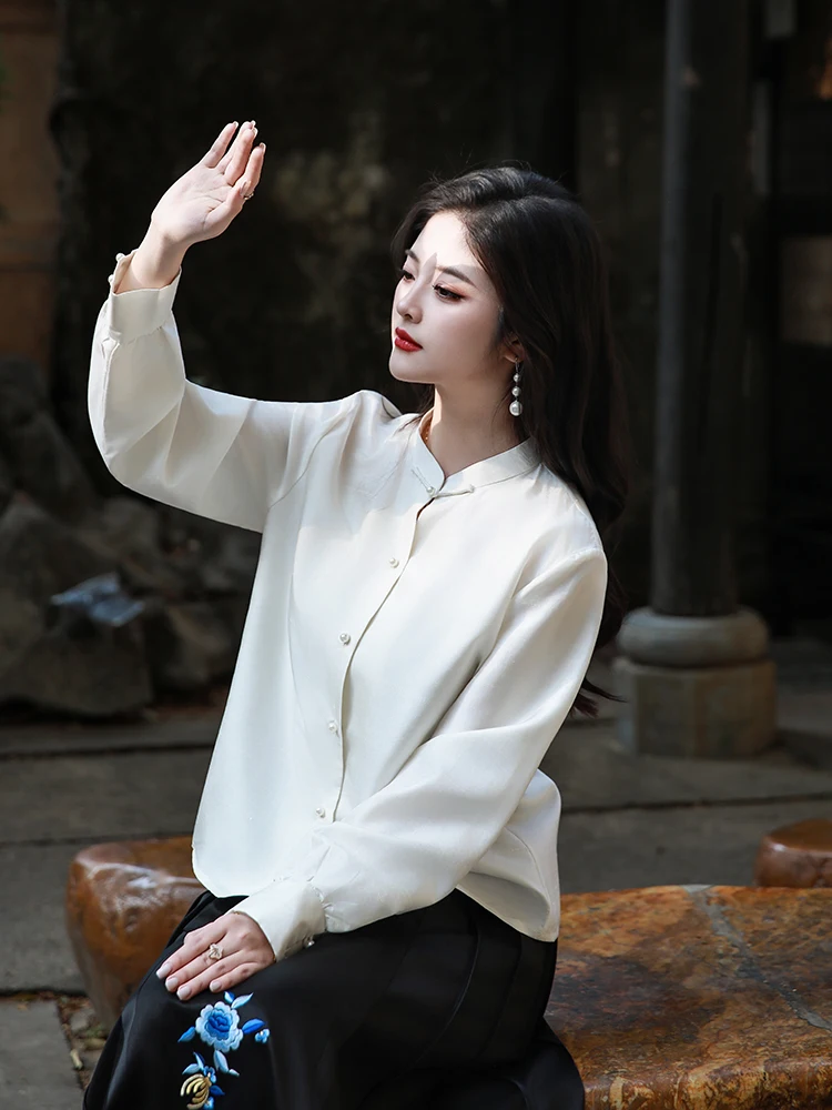 

Casual Silk Shirts Women's Long Sleeve Breathable Comfortable Straight Cut Chinese Style Daily Wear Double Door True Silk
