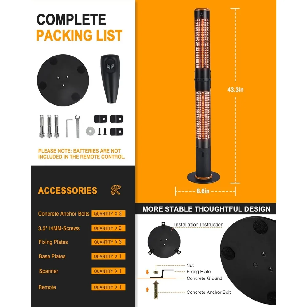 Electric Heater, with Remote, Infrared Heater with Cylinder Shape, Silent Heating, IP54 Waterproof, Portable Freestanding Heater