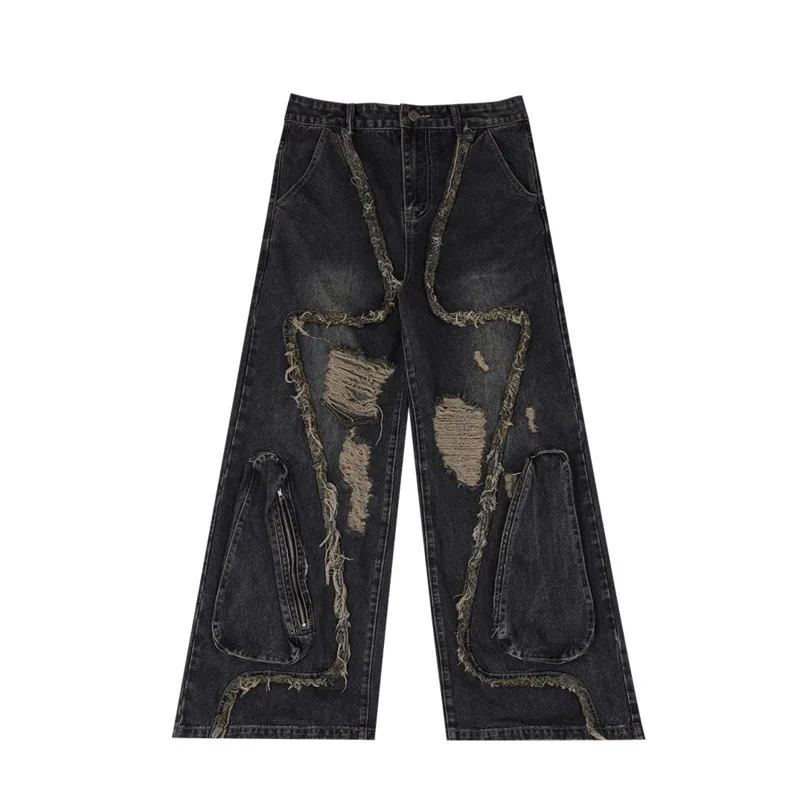 HKSH Autumn New Man Heavy Niche Deconstructed Tassel Ripped Jeans Retro Distressed Large Pockets Design Denim Cargo Pants HK8749