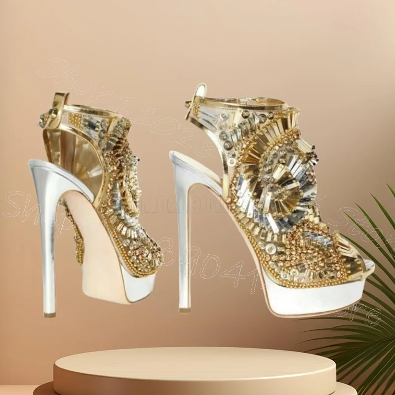 الذهب كريستال الترتر اللمحة تو صنادل أرضية الجانب سستة النساء أحذية رقيقة عالية الكعب مثير حفلة عيد 2025 Zapatos Para Mujere #4