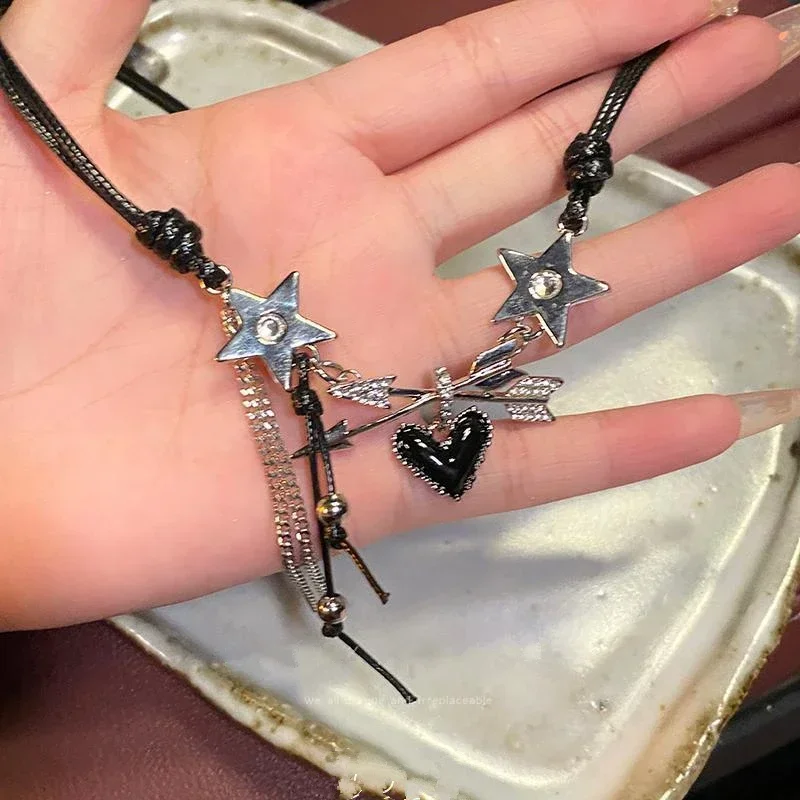 Punk Vintage Star Heart Pendant Rope Chain Necklace Women Goth Pentagram Silver Color Choker Chain Charm Y2K Grunge Accessories