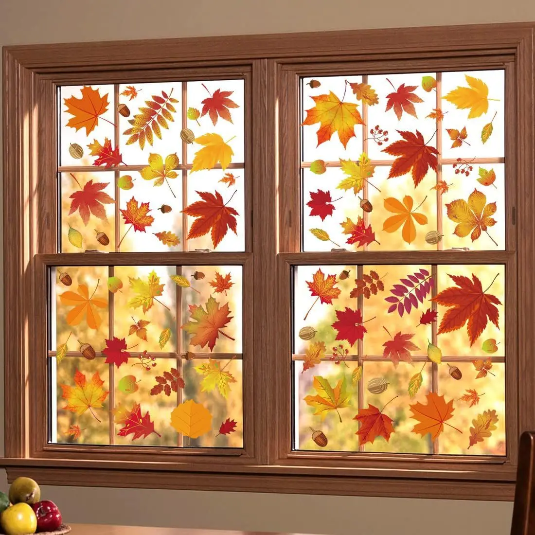 144pcs Autumn Harvest Festival window sticker featuring maple leaves, pinecones and autumn leaves. Thanksgiving decoration