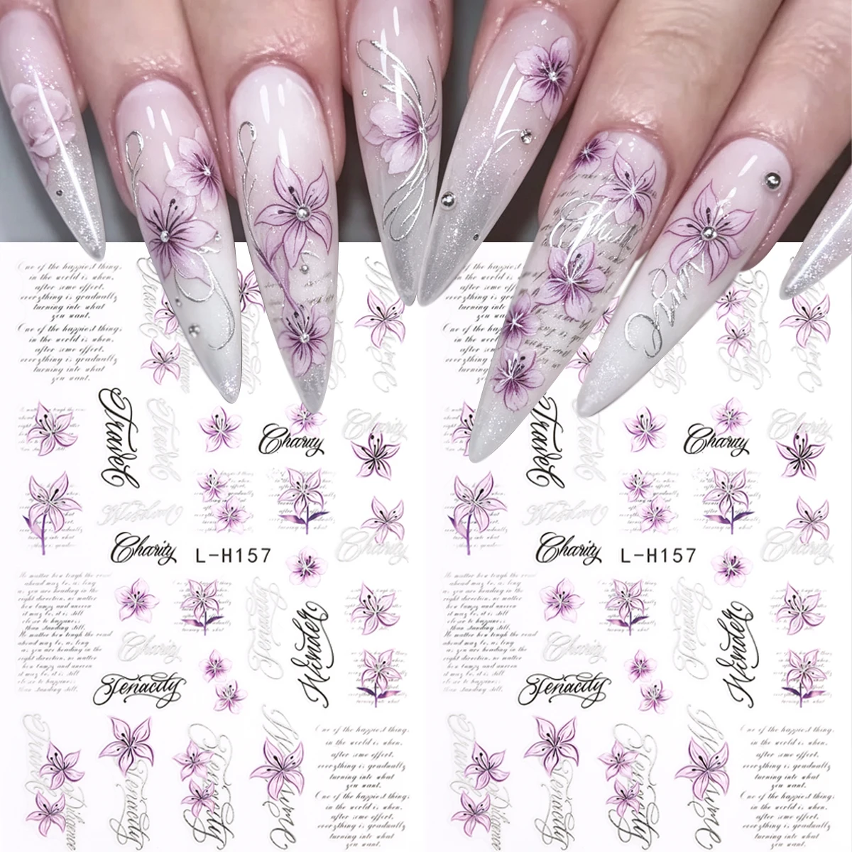 3D Nail Stickers Gothic Curve Letter Floral Nail Decals Black White Red Script Words Flower DIY Manicure Decorations