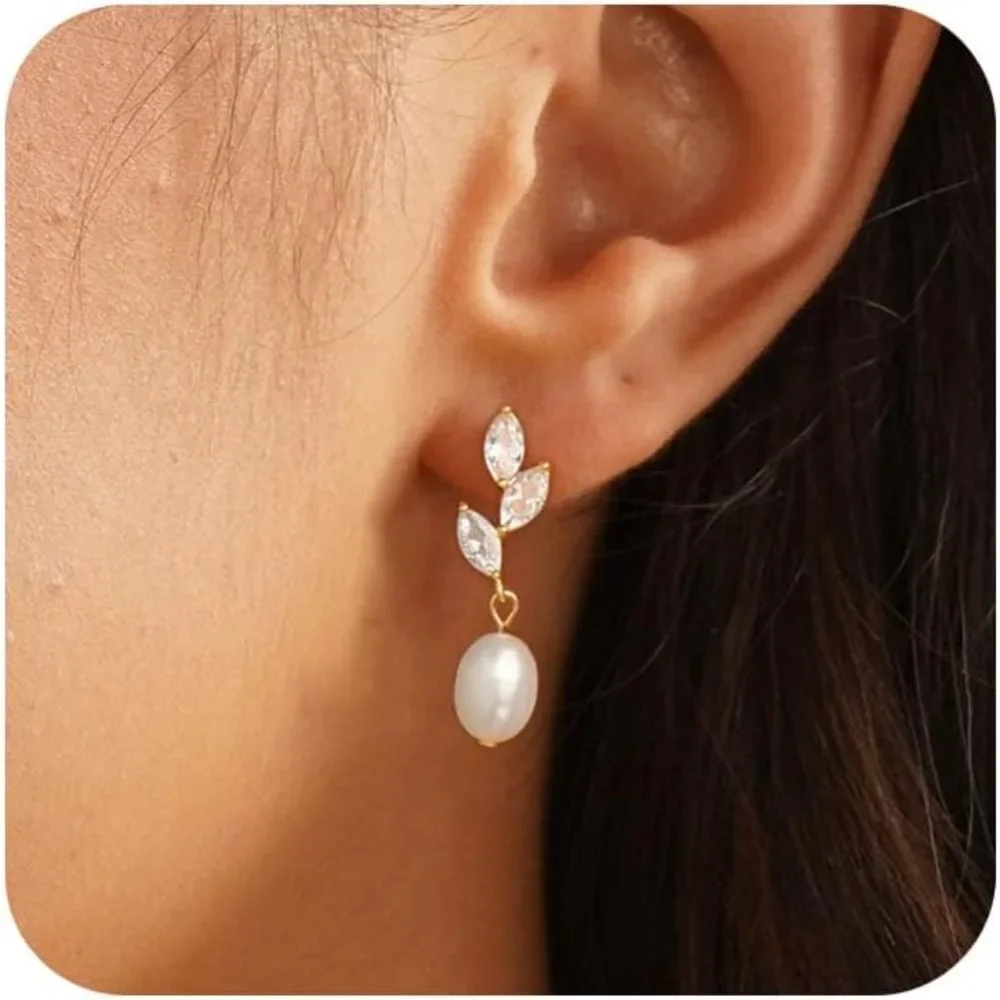 

Dainty Gold Pearl Earrings for Women, Trendy 14k Gold Filled Freshwater CZ Leaf Bow Pearl Dangle Drop Earrings Lightweight