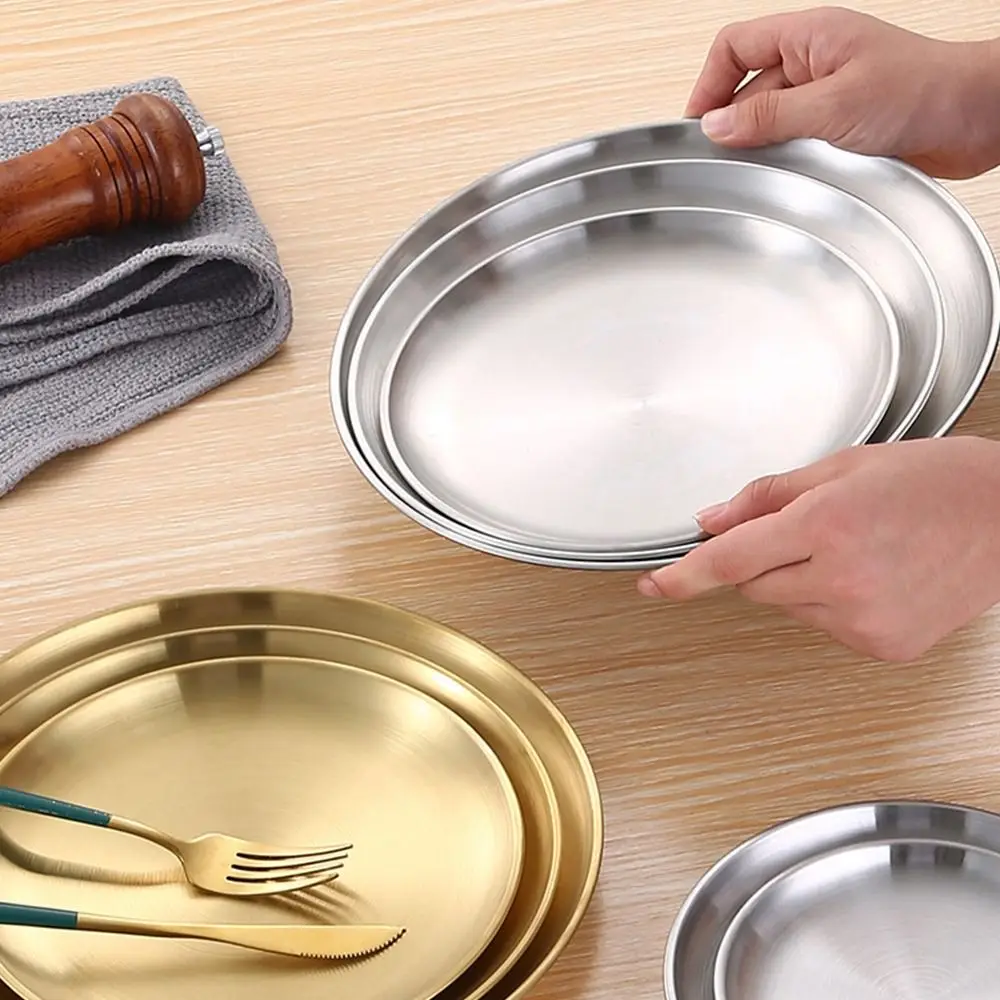 1Pcs Shallow Stainless Steel Plate Fruit Cake Snacks Pasta Steak Kitchen Accessories Food Tray Dining Disc 14/17/20/23/26CM