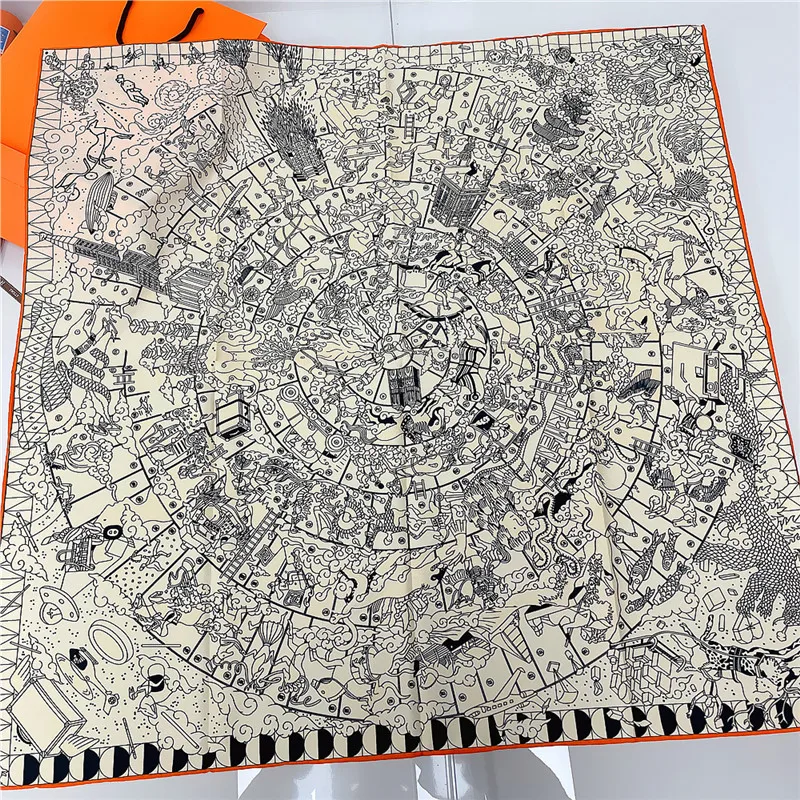 90CM Hand Rolled Twill Silk Scarf Women Hopi Print Square Scarves Wraps Echarpes Curled Foulards Femme Bandana Hijabs Shawl