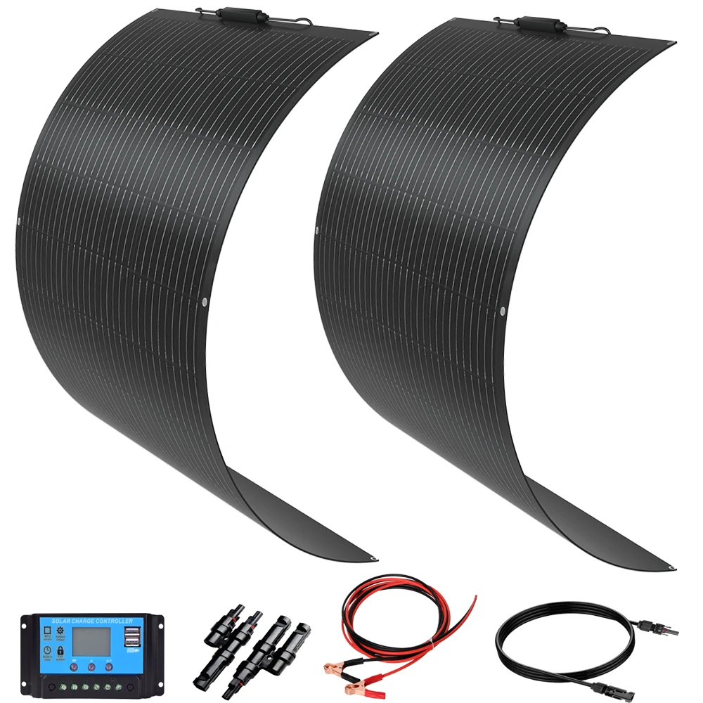

200W 12V Flexible Solar Panel 2x100W Monocrystalline Cell 24V Flexible for Marine RV Trailer Boat Cabin Van Car Battery Charge