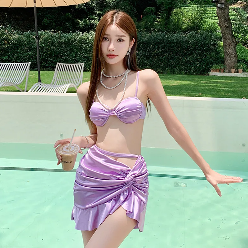 Korea 3 Piece Bikinis Sets Women  Purple Push Up Underwire Bra Ruffles Skirt Swimsuit 2024 Beach Bathing Suit Holiday Swimwear