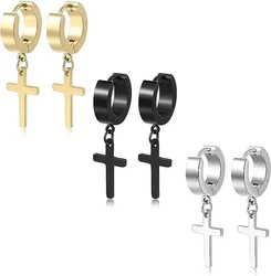 Cross Earrings for Men Women Stainless Steel Dangle Black Hinged Hoop Earring Gothic Punk Pendant Piercing Jewelry Accessories