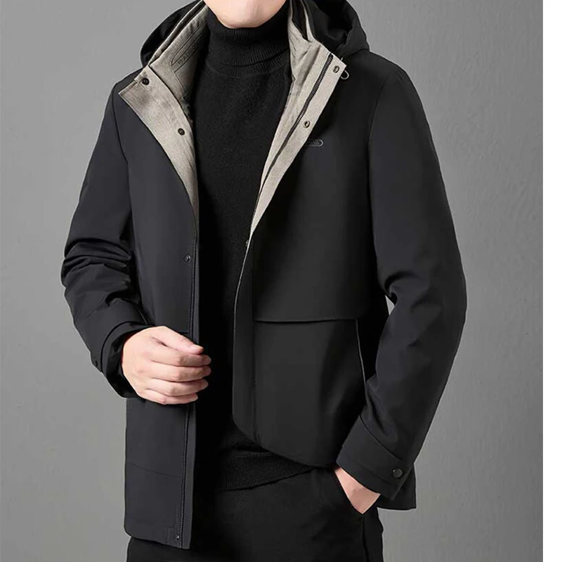 Business Casual 2024 Herbst Winter Herren schwarze Kapuze Enten Daunen jacken Outwear Hut & Liner abnehmbare wind dichte warme Puffer Mäntel