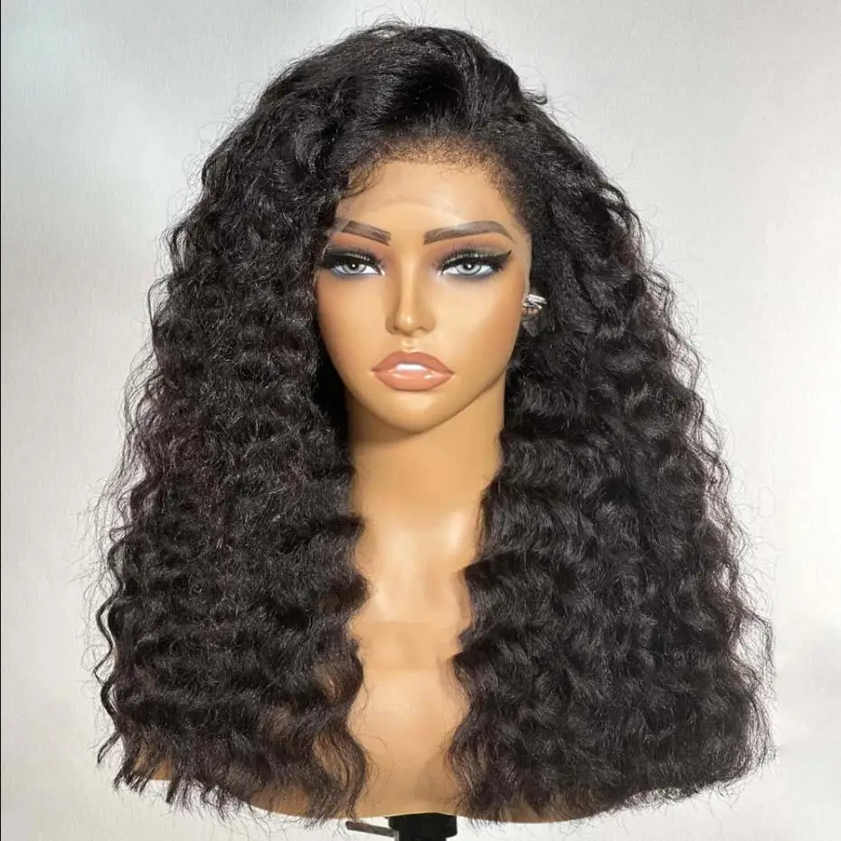 Peruca dianteira do laço longo Kinky Curly para mulheres, preto natural macio, cabelo do bebê, resistente ao calor, sem cola, pré-arrancado diariamente, 180 densidade, 26"