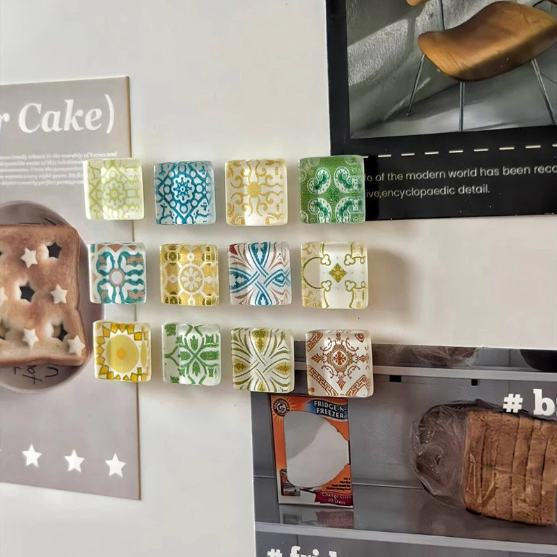12pcs Creative Colorful Pattern Retro Healing Mosaic Refrigerator Magnet Set Magnetic Decor Hole Board Photo Clip Decoration