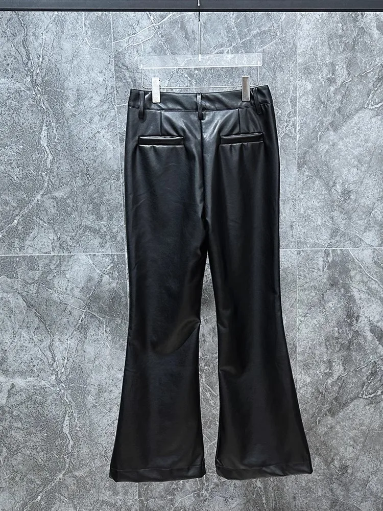 Owen Seak Men Bell-Bottoms Pants PU Leather Sweatpants Casual Autumn Cross Black Designer luxurLong Trousers