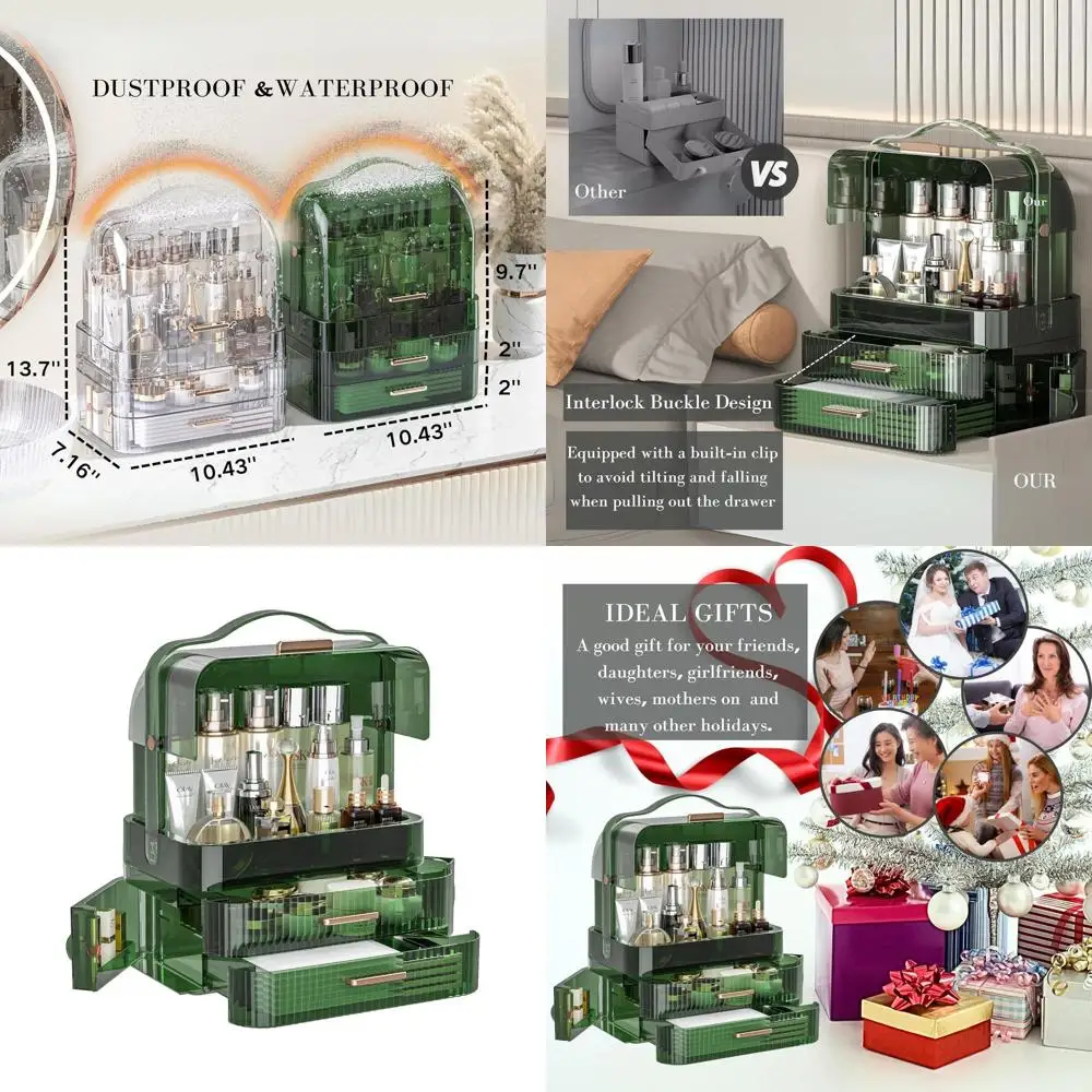 

Clear Green Large Makeup Organizer with Transparent Lid, Portable Drawers, Waterproof and Dustproof Cosmetics Storage Box for Co