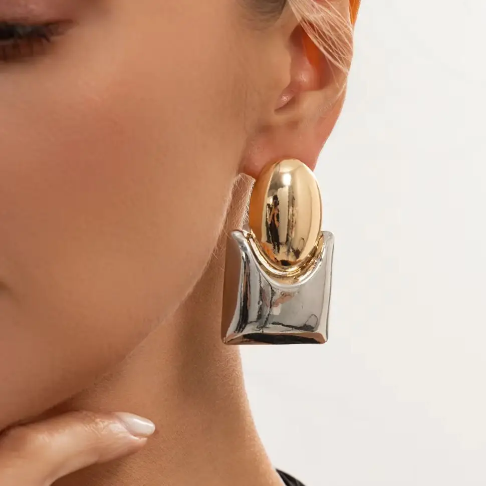 KunJoe Fashion Gold Silver Color Splice Metal Stud Earrings Women Vintage Punk Geometric Piercing Ear Steampunk Jewelry Accessor