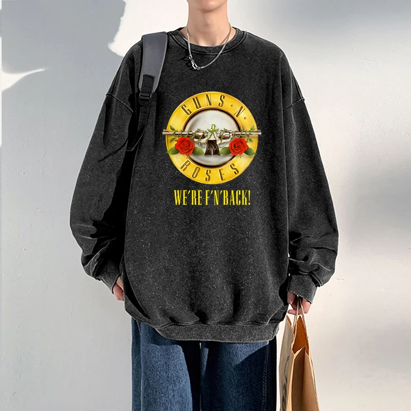 Oversized Men Washed Hoodie We'Re Back Metal Rock Style Printing Sweatshirt Autumn Street Cotton Pullover Vintage Couple Clothes