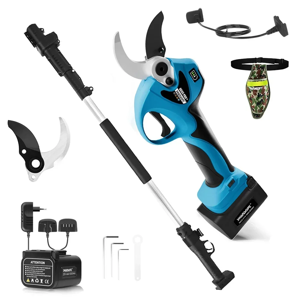 SWANSOFT 8605pro, elektrische Gartenschere mit Verlängerungsstange, 40 mm progressiver Schnitt, 2 x 4AH wiederaufladbare Lithium-Batterien, Gartenarbeit, für Weinberge und Obstbäume