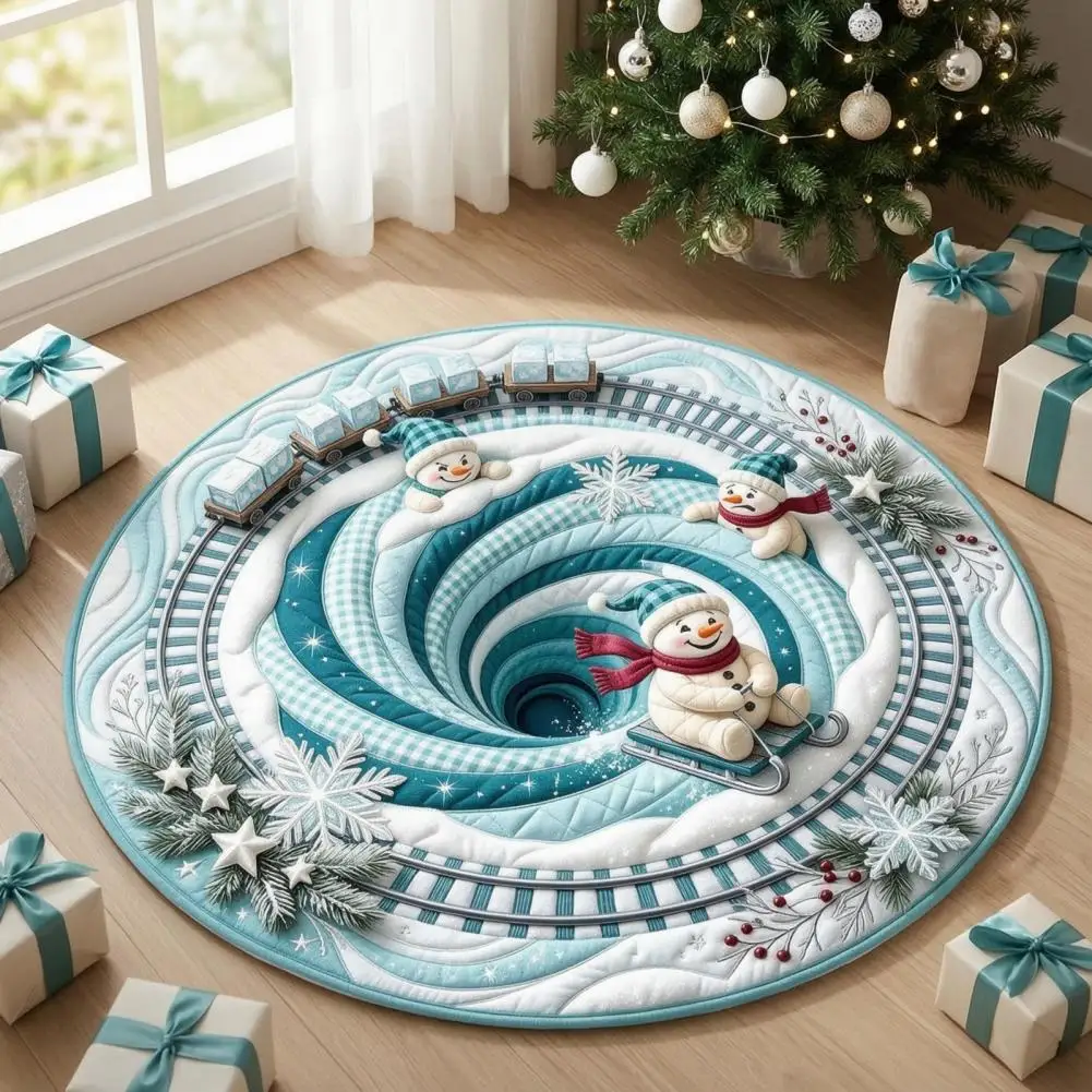 Round 3D Christmas Rug, Vortex Optical Illusion Area Rug, Santa Snowman Staircase Depth Non-slip Floor Mat for Living Room 95
