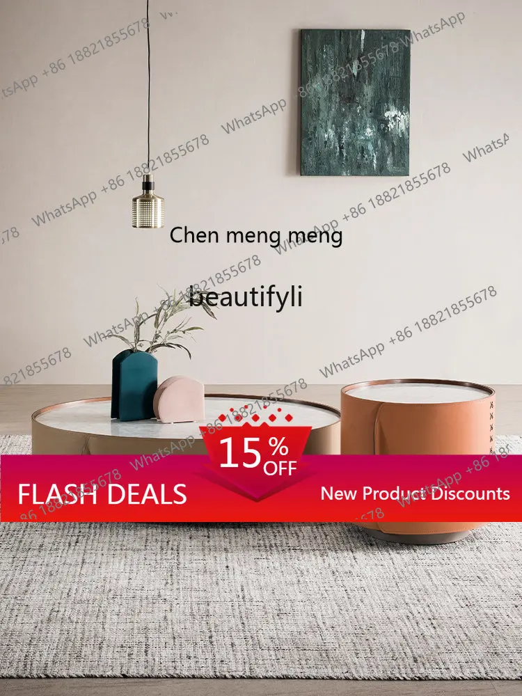 Italian Minimalist Saddle Leather Side Table Marble Built-in Storage Small Coffee Table Bedside Table storage cabinet furniture