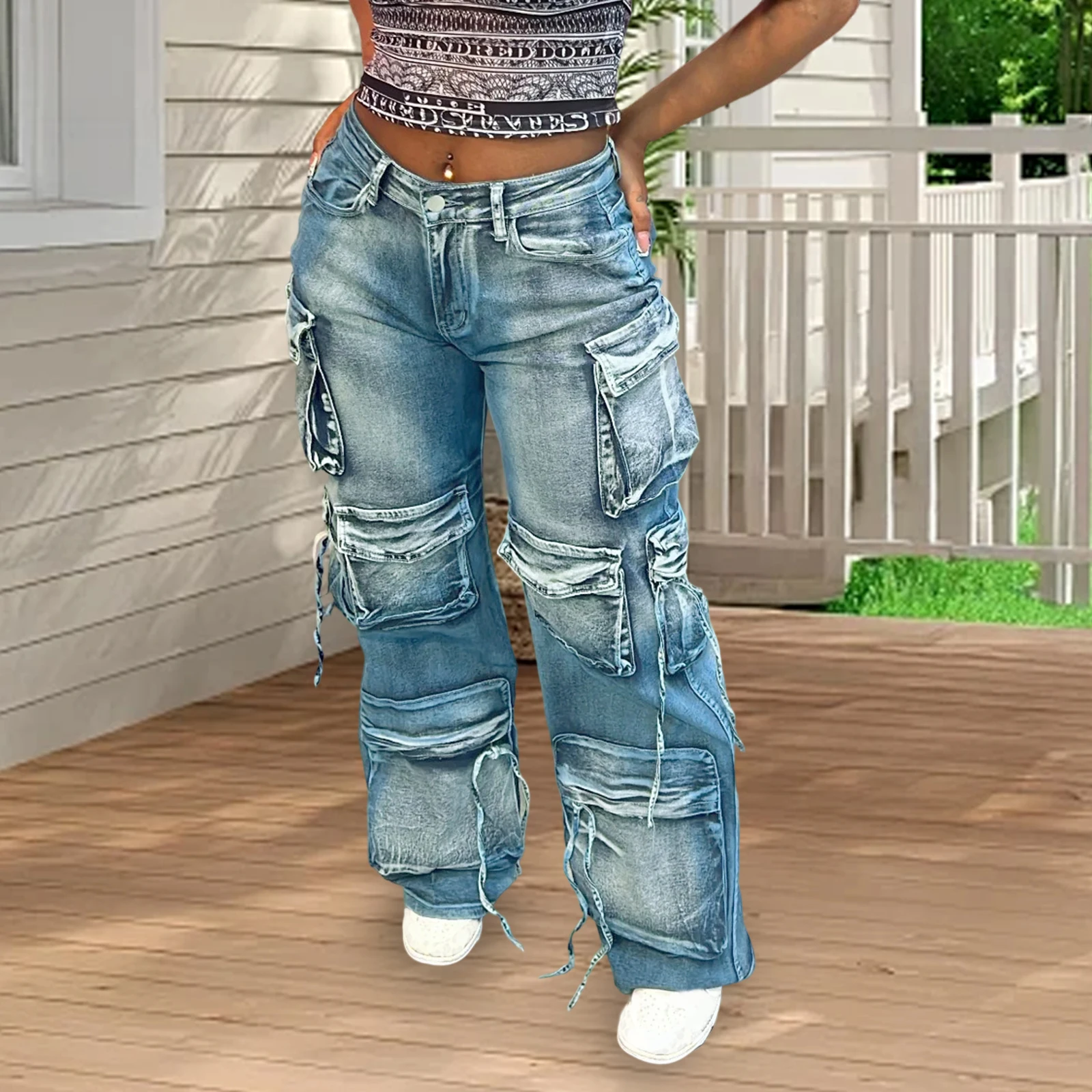 Calça jeans cargo feminina retrô, cintura média, com vários bolsos, calça comprida casual para escritório ao ar livre