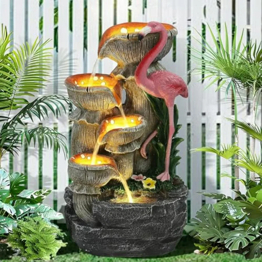 

5 Tier Floor-Standing Cascading Garden Fountain 25 H Outdoor Indoor Water Fountain with Flamingos Design and 5 LED Lights in Wh
