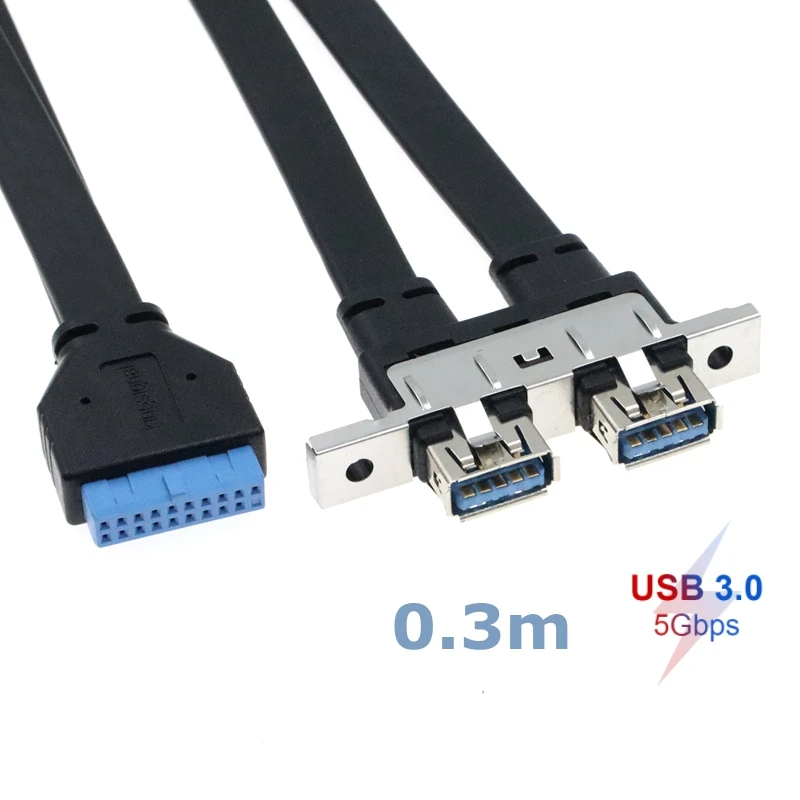 0.3m 5Gbps USB 3.0 20pin Female to Double USB 3.0 2 Port to 19pin Female Flat Wire With Panel Mounting Holes