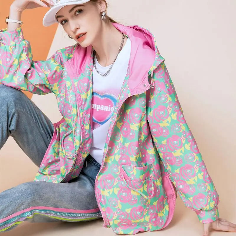 Printed Thin Coat Women's 2023 Spring/summer Off Shoulder Sleeves Fashion Contrast Color Panel Top Hooded Windbreaker