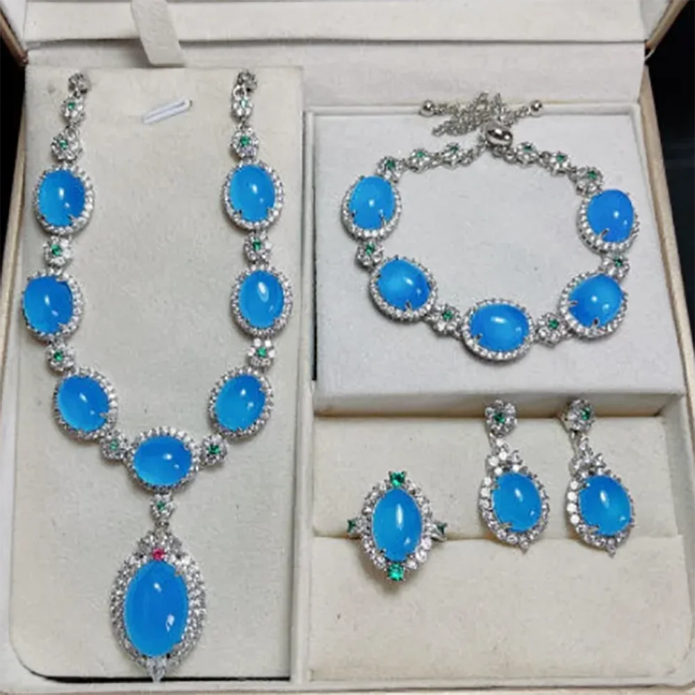 Blue Chalcedony Pendant Necklace Deluxe Four-piece Women's sets