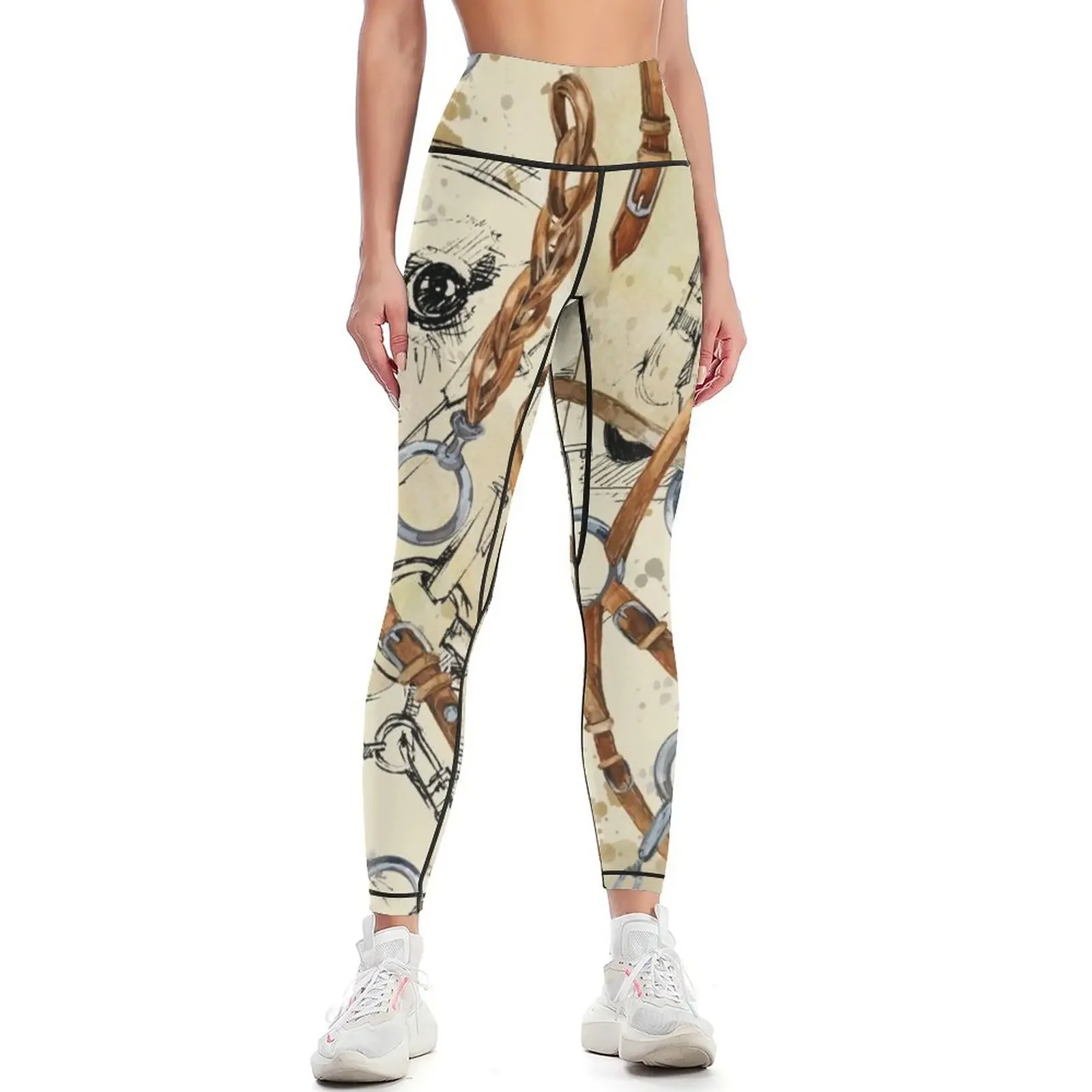 

упряж лошади с акварельным узором. конный бесшовный фон. Лошадиные гонки, винтажная иллюстрация, леггинсы